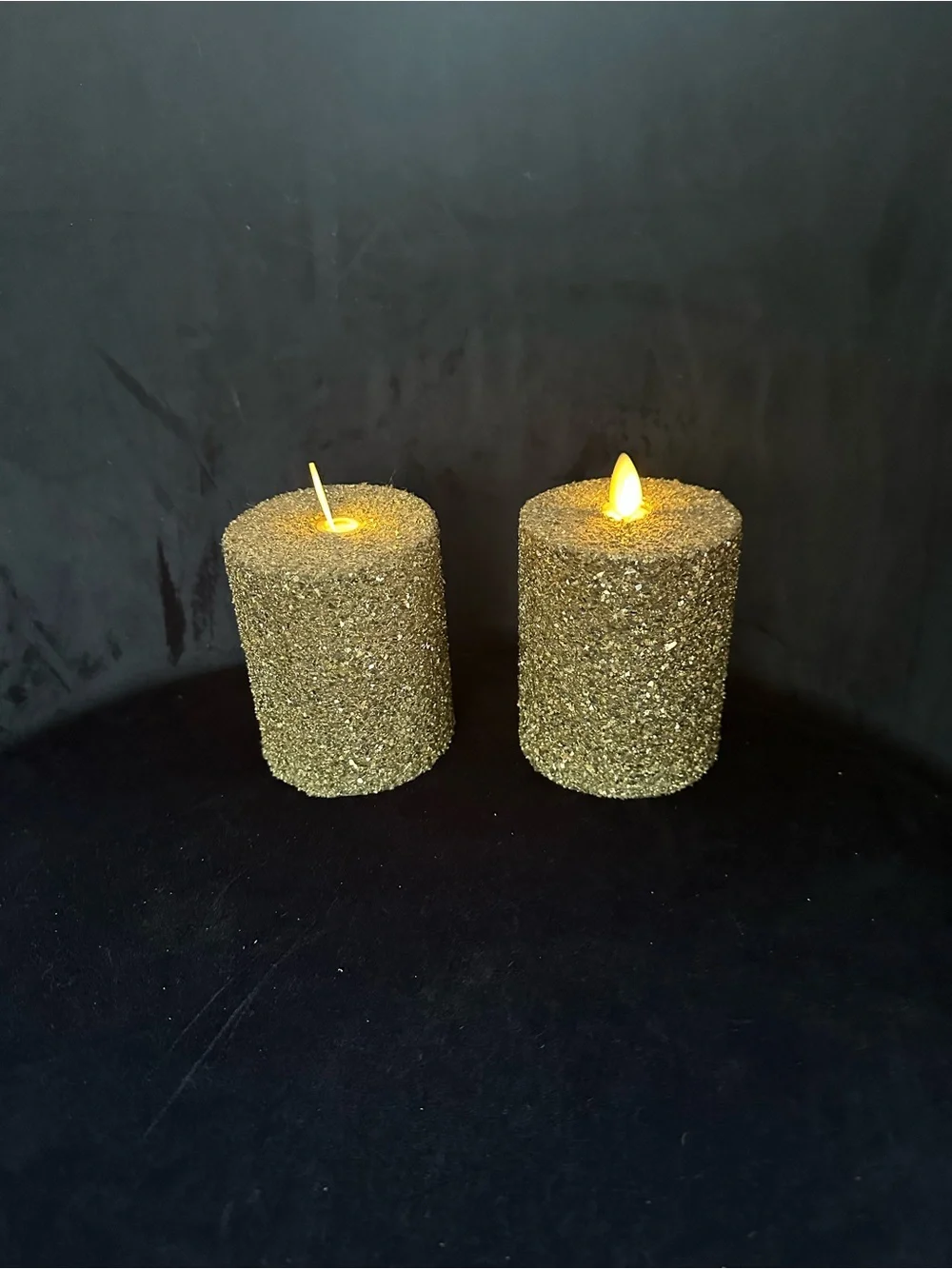 Pottery Barn Set of 2 Silver Small Glitter Pillar Flameless Flicker Candles